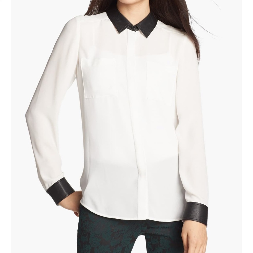 Halogen - Petite Faux Leather Trim Blouse